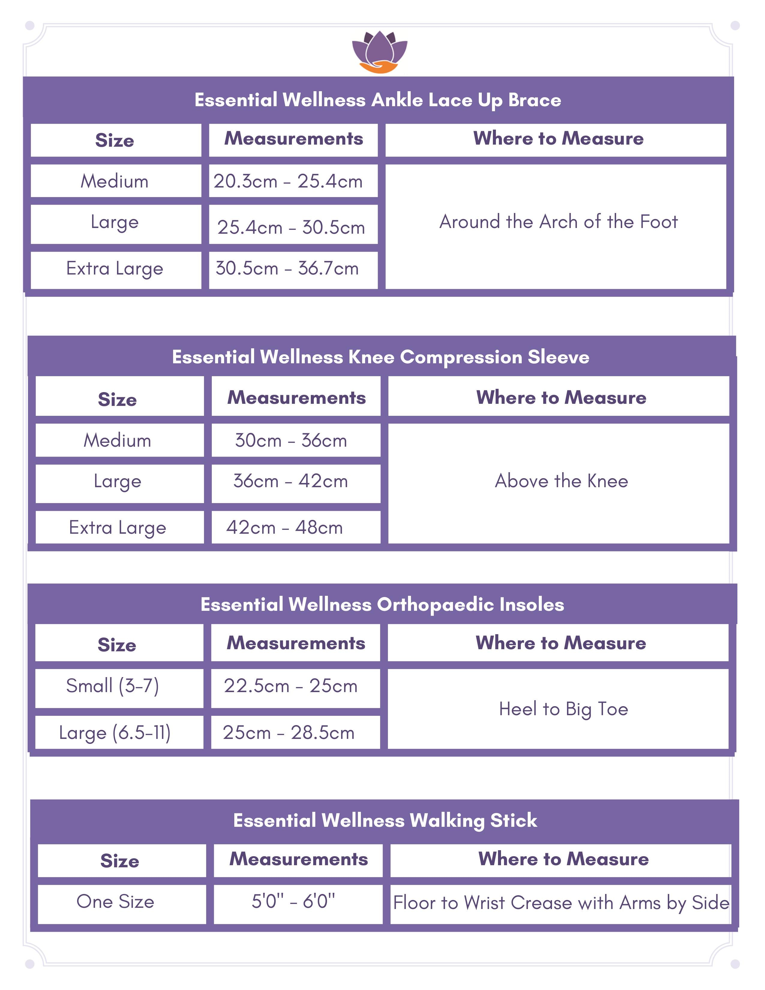 Essential Wellness Sizing Chart